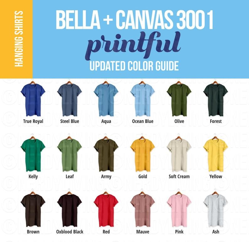 Printful Bella Canvas 3001 Mockup Bundle Color Chart & Size Chart Included Print On Demand Flat Lay T-shirt Mockups Includes Holiday Colors